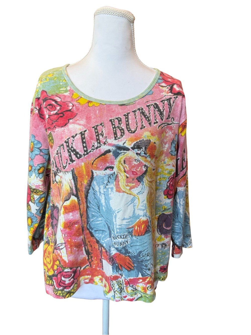 Y2K Buckle Bunny Western Graphic Top XL Pink Cowgirl Rhinestone 3/4 Sleeve Tee - Picture 2 of 7